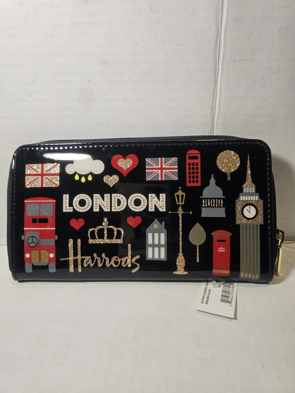Harrods London Icons Zip Around Wallet Black Patent Glitter Souvenir Clutch